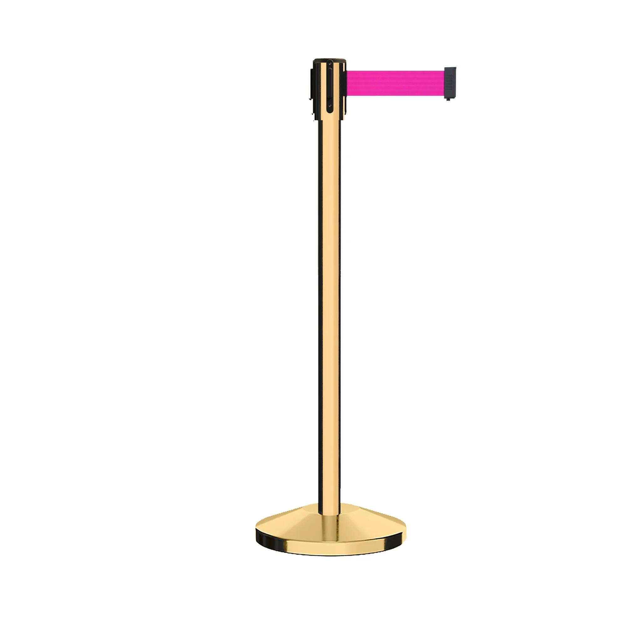 Retractable Belt Barrier Stanchion, Sloped Base, Polished Brass Post, 9 ft Belt - Montour Line M530