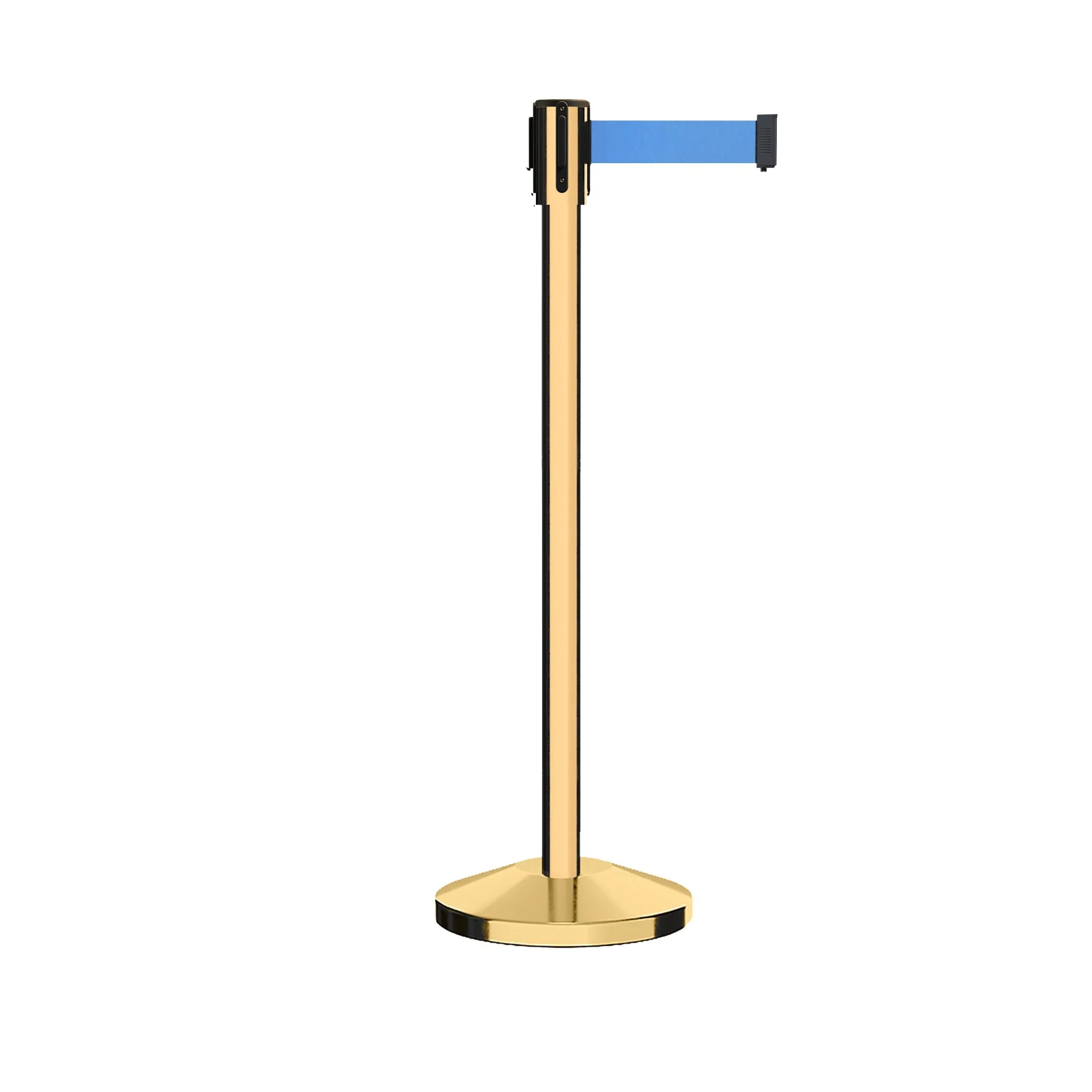 Retractable Belt Barrier Stanchion, Sloped Base, Polished Brass Post, 9 ft Belt - Montour Line M530