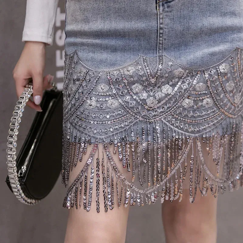 Sequins Patchwork Embroidery Fringe Mini Denim Skirt for Office