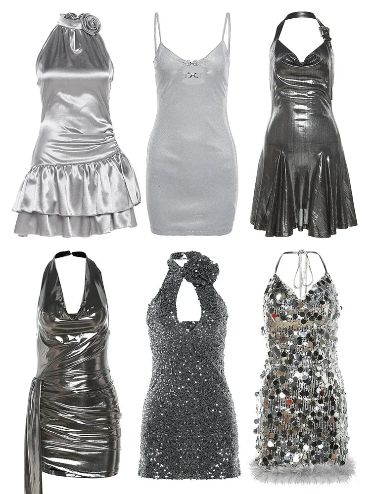 Sexy Silver Suspender Halterneck Dress (Shine)