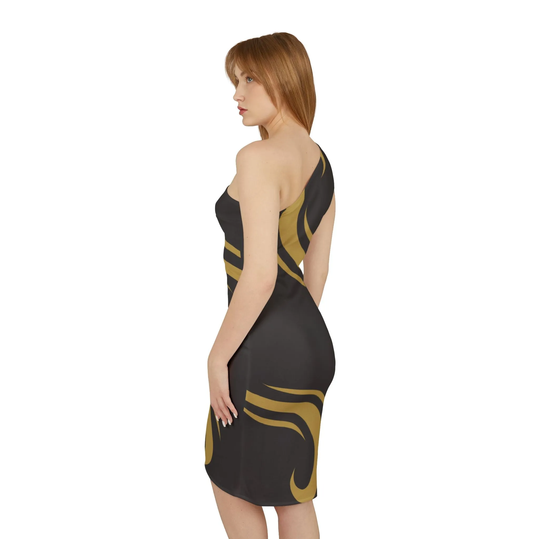 Shoulder Dress - Elegant Black with Minimalistic Golden Swirls for New Year's Eve Party and Special Occasions