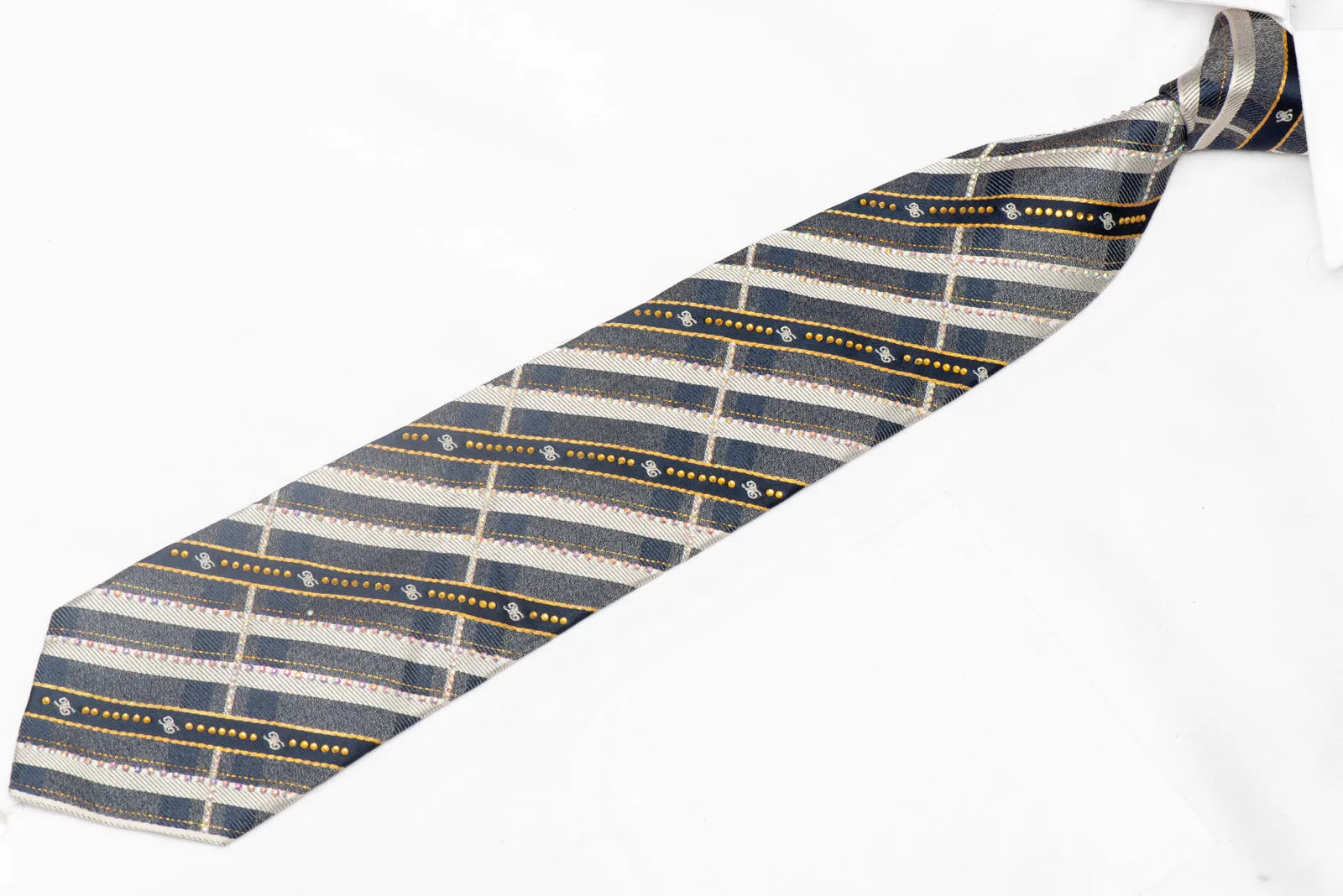 Silver Blue Gold Plaid Pattern Rhinestone Silk Necktie With Gold Sparkles