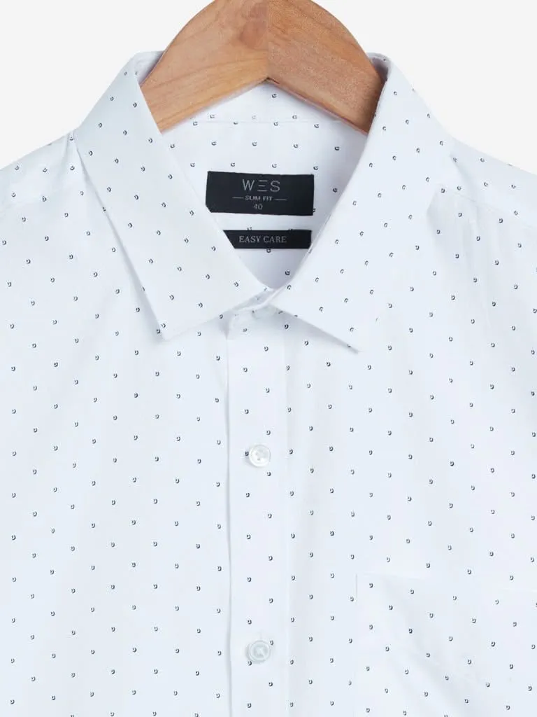 WES Formals White Slim-Fit Printed Shirt