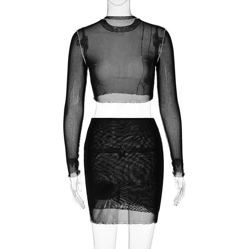 Women Mesh Patchwork 2 Piece Set Long Sleeve Crop Top Mini Skirt