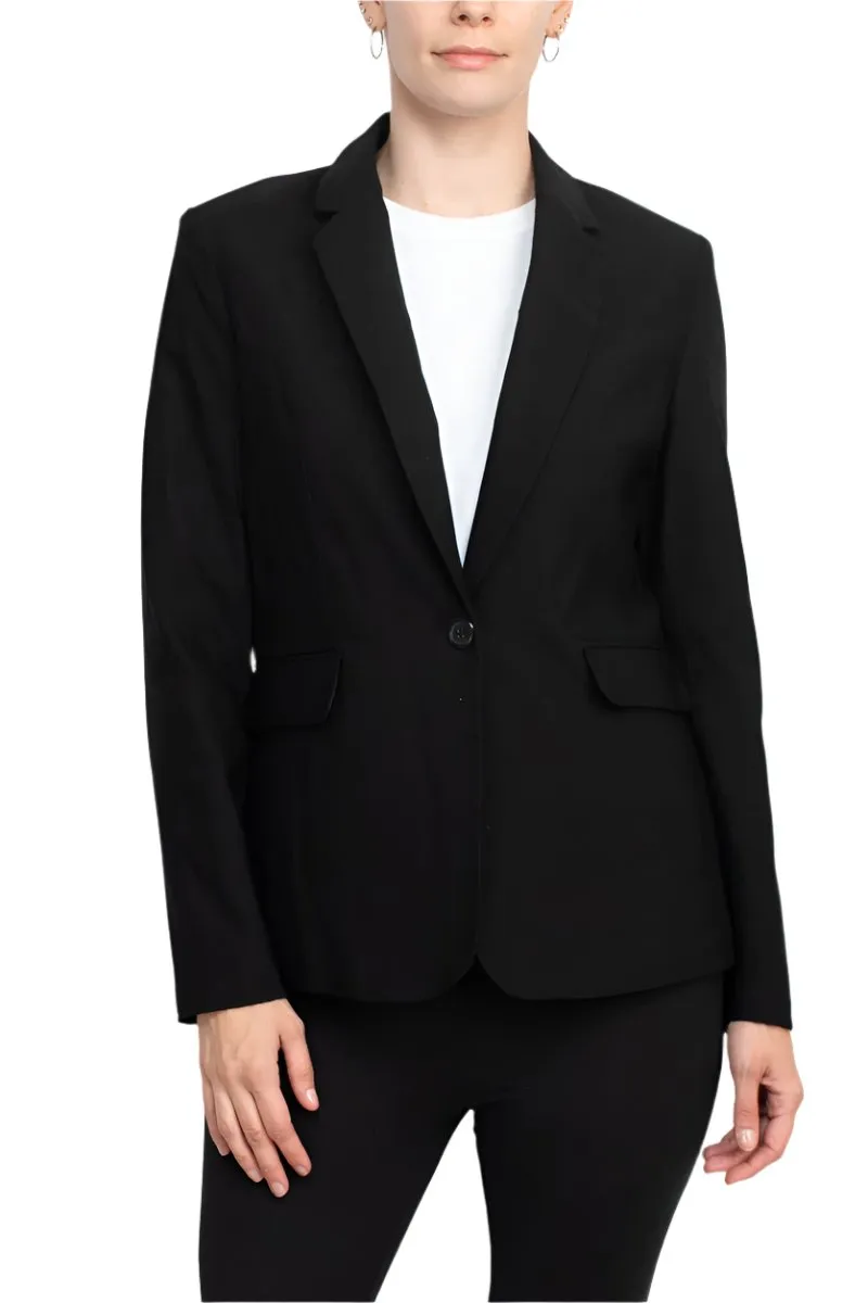 Zac & Rachel notched collar long sleeve one button closure scuba crepe blazer